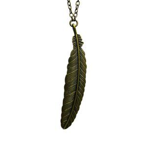 Large Feather Pendant Oval Link Chain Antique Bronze